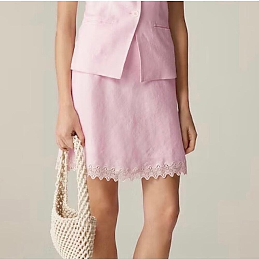 J.Crew Gwen Lace-Trim Slip Skirt In 100% Linen Iced Strawberry Pink Size Medium